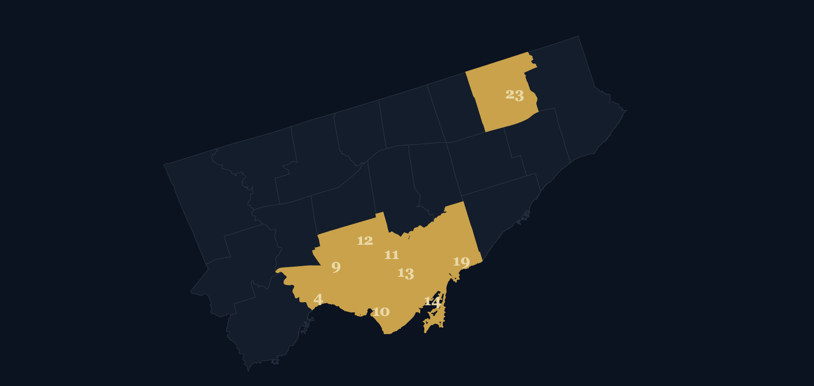 Map of Toronto's nine as-of-right sixplex wards